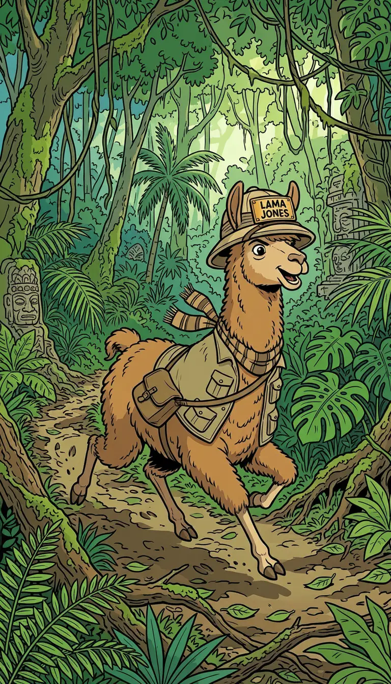 Llama adventurer running through a dense jungle illustration