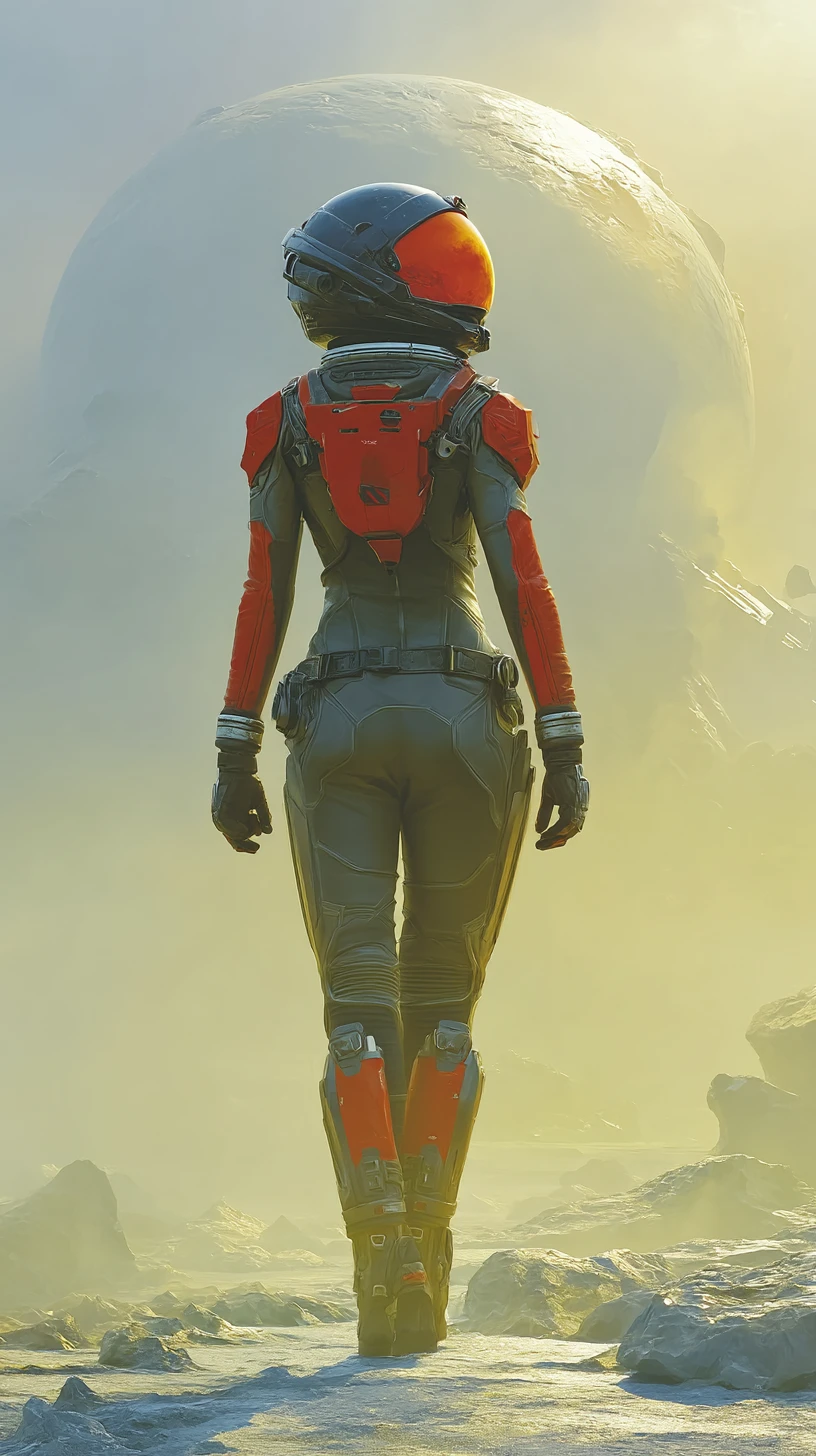 Astronauta feminina atlética em um misterioso planeta alienígena