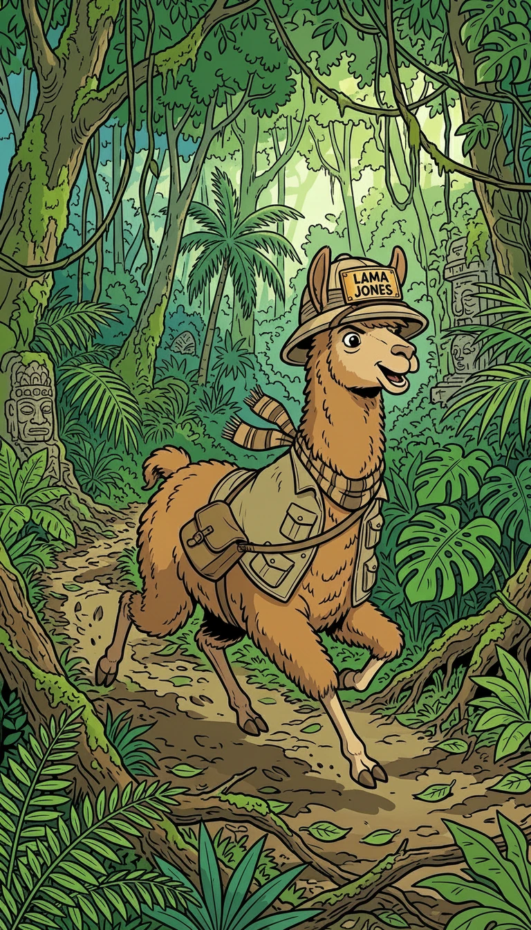 Illustrazione di un lama avventuriero che corre nella giungla fitta
