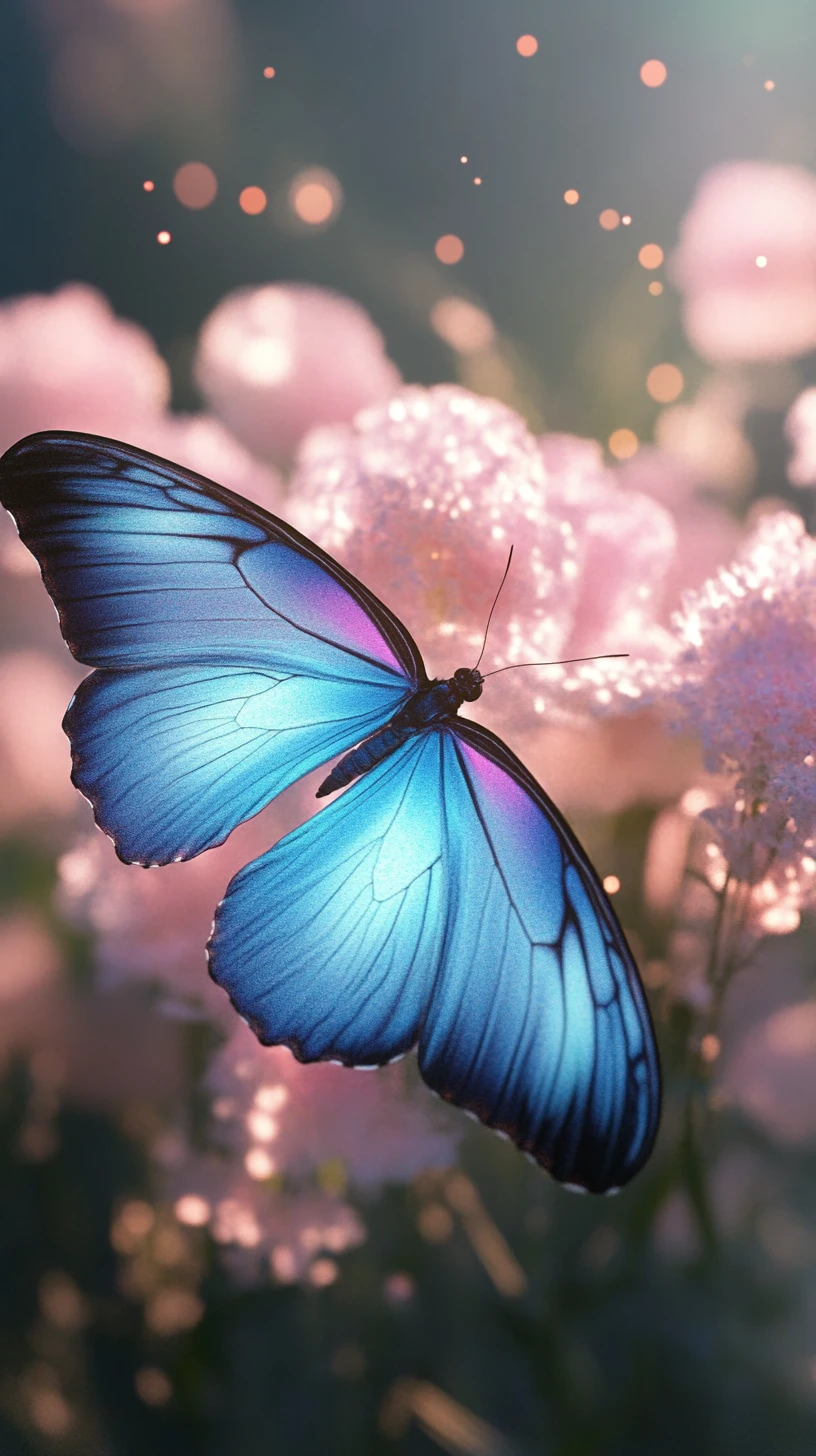 Farfalla iridescente su delicati cosmei rosa in un giardino illuminato dalla luna