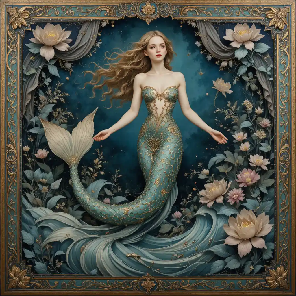 Sirena che emerge da un fiume mitico in un dipinto ornato