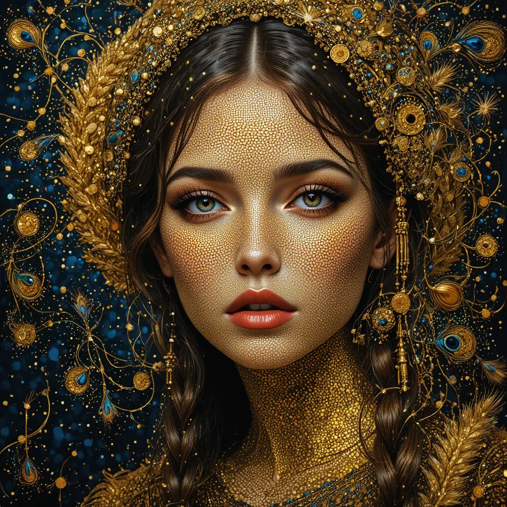 Golden pointillist portrait with dissolving ornamental cloak