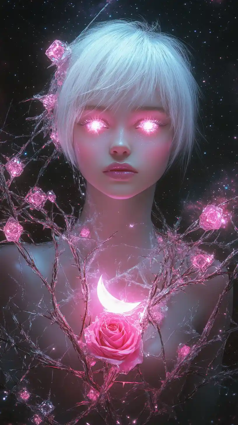 Celestial crystal woman with glowing pink eyes and moon