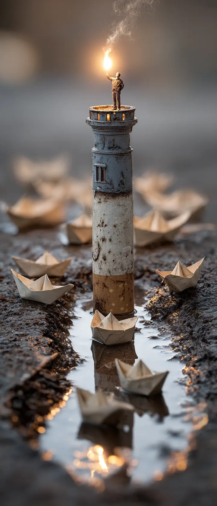 Figura em miniatura usa brasa de cigarro como farol