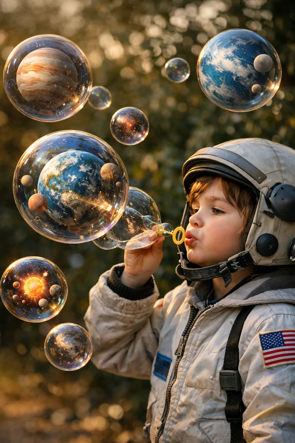 Child Blowing Cosmic Bubble Planets In Outer Space