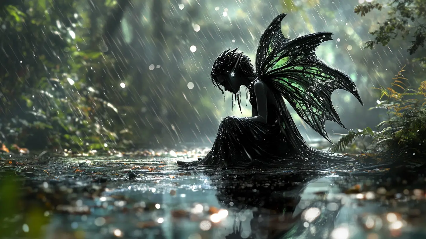 雨中森林水坑旁的黑暗妖精
