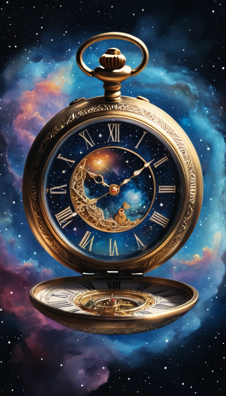Victorian pocket watch drifting in a luminous cosmic nebula