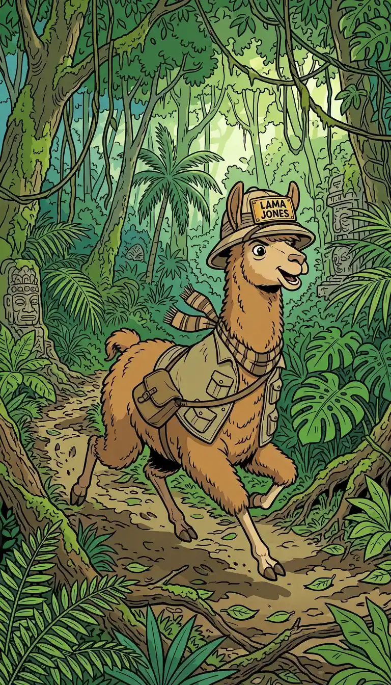 Llama adventurer running through a dense jungle illustration