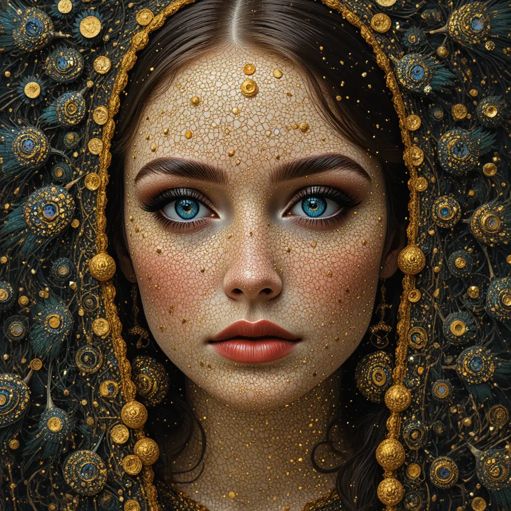 Pointillist portrait dissolving into celestial ornamental patterns