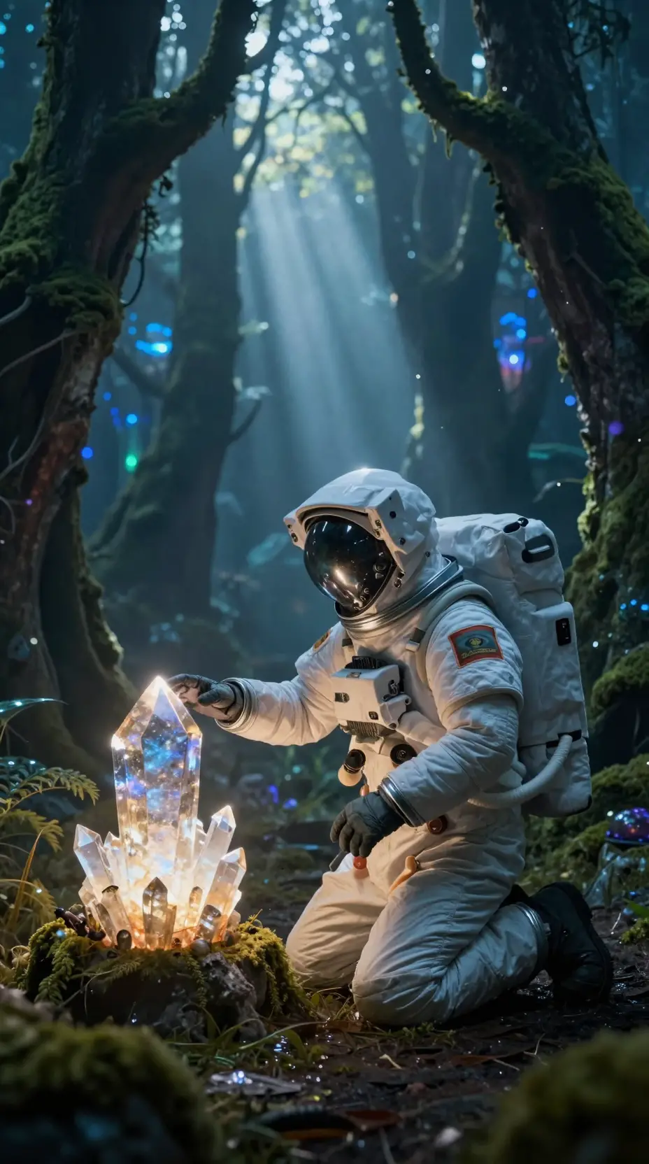 孤獨太空人在發光的外星森林中與水晶神器