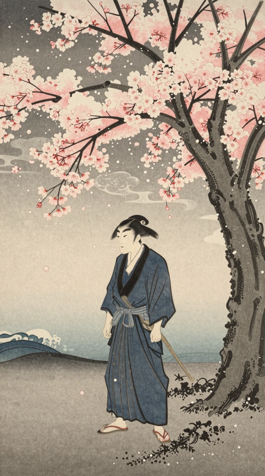 Samurai solitário sob cerejeiras em flor na neve