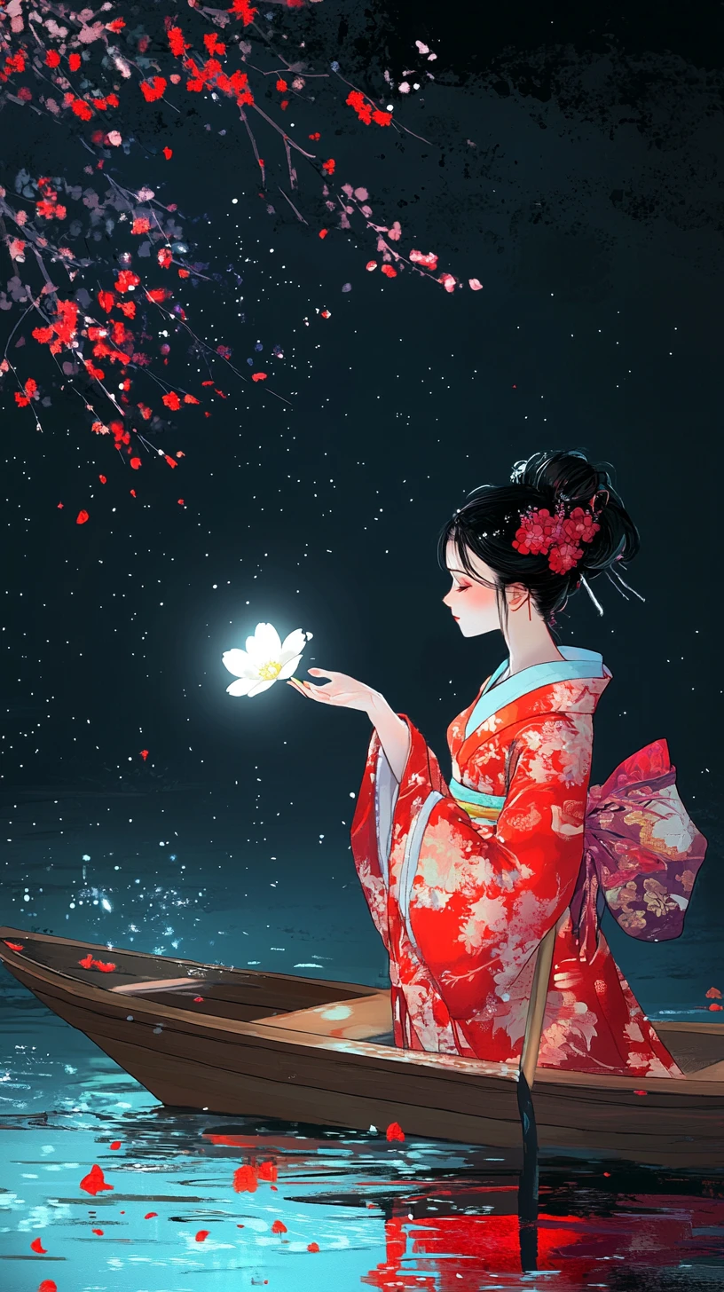 Japanese woman in red kimono on a night lake boat