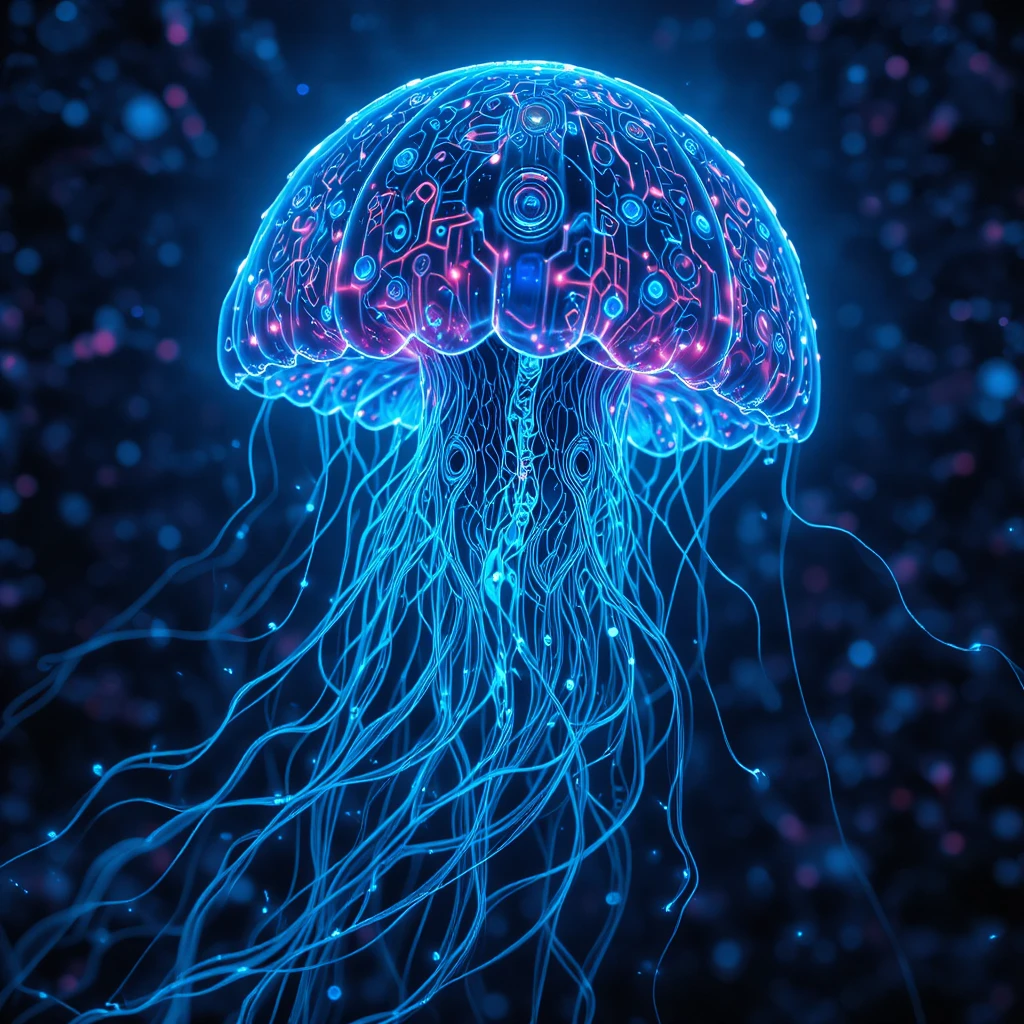 Medusa celestiale intrecciata con circuiti elettronici luminosi