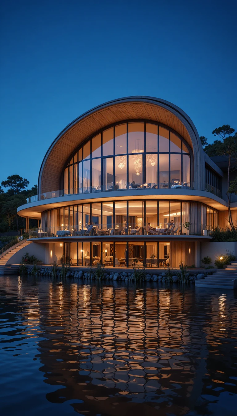 Modernes Seerestaurant mit leuchtender Terrasse über ruhigem Wasser