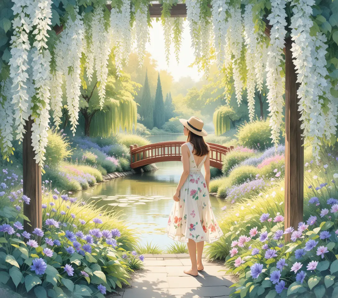 Woman in summer dress gazing at pond through wisteria