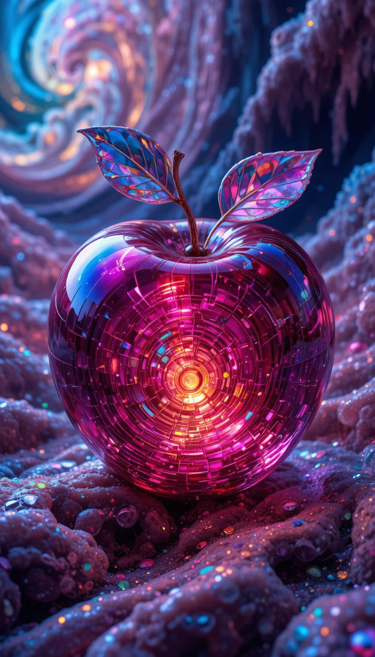 Fractal glass apples glowing with neon blue and magenta light