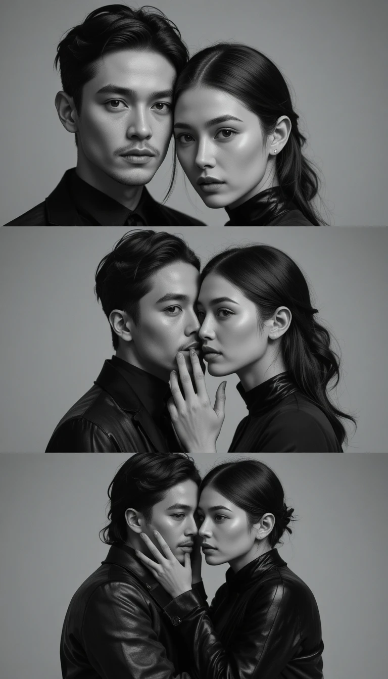 Retrato editorial em monocromia de um casal em abraço íntimo