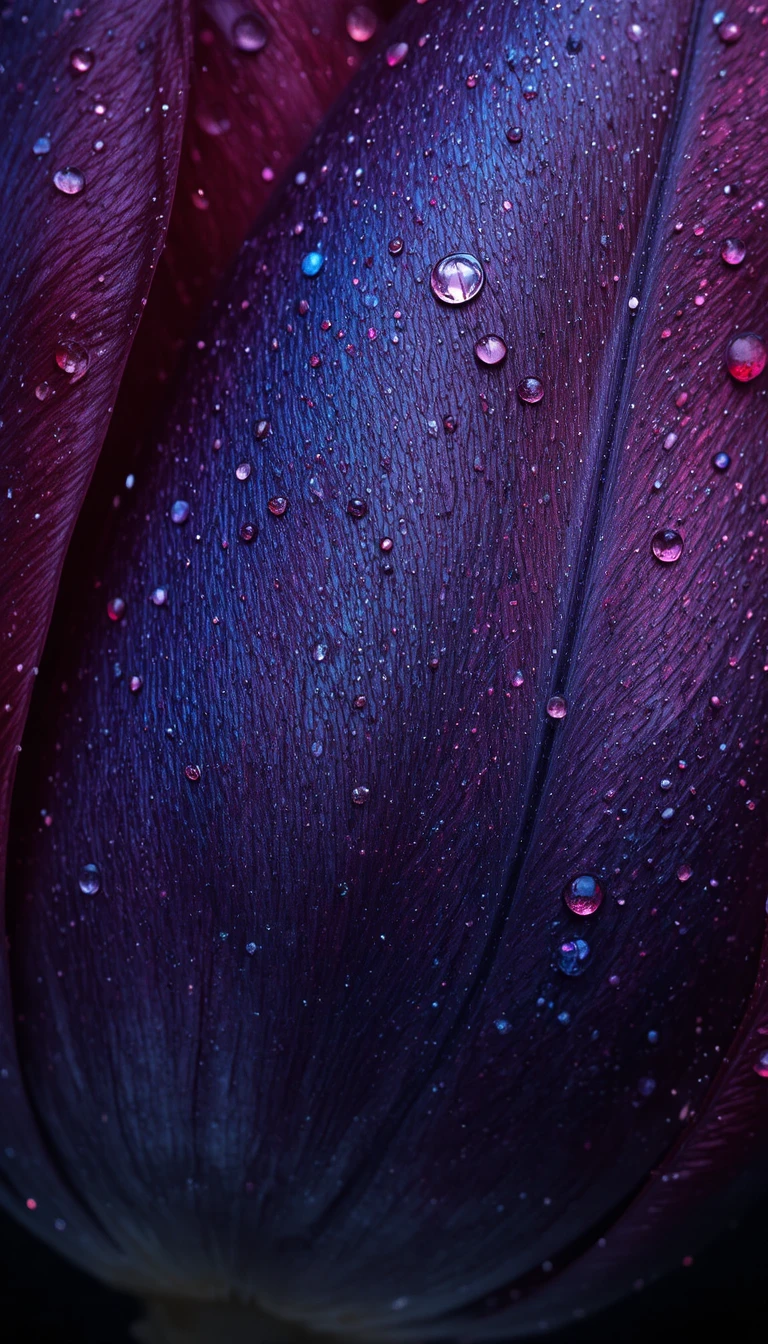 Nahaufnahme einer Tulpenblüten-Textur mit irisierendem Tau auf schwarzem Hintergrund