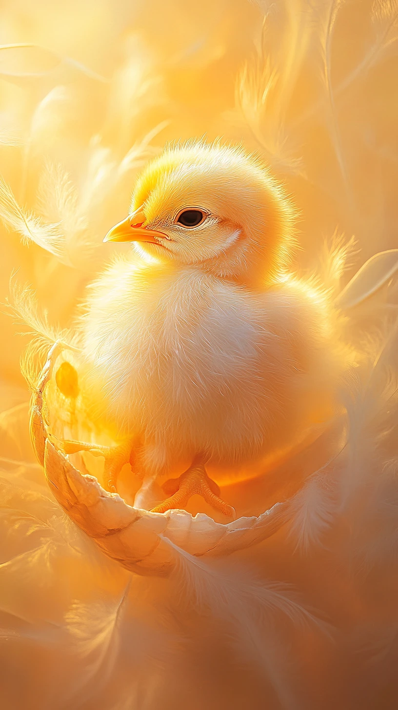 Baby chick emerging from shell in warm sunrise glow