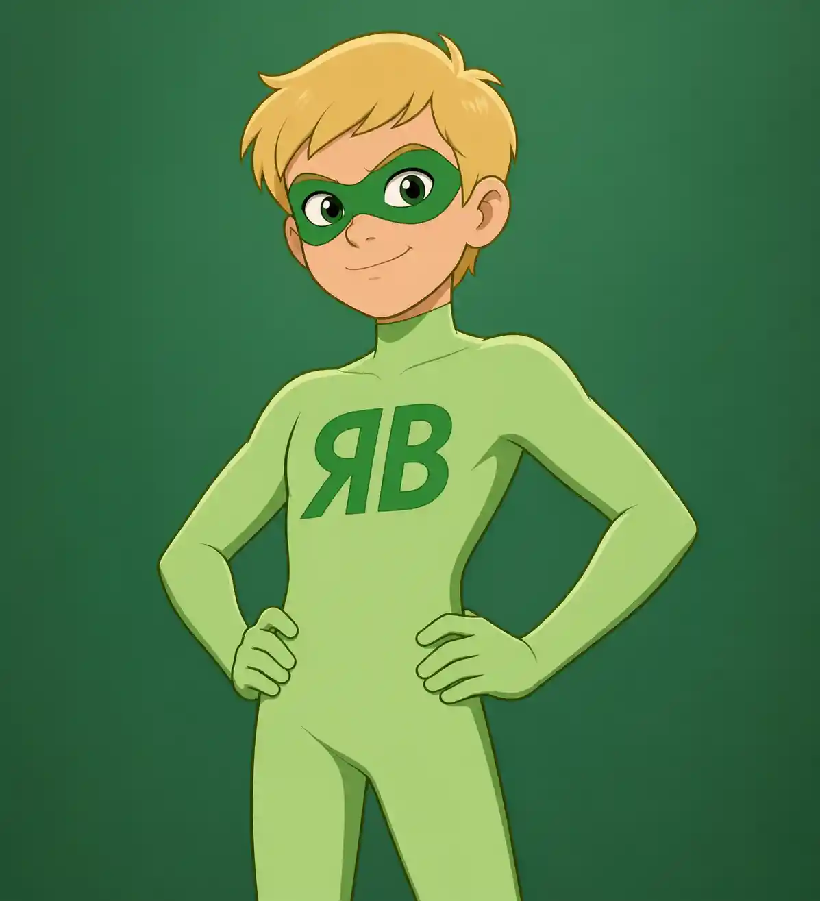 Blonde Rubber Boy Superhero In Light Green Morphsuit