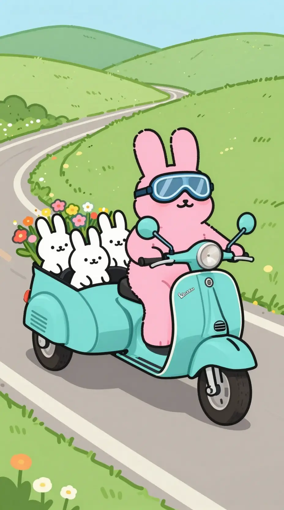 Pink rabbit driving a turquoise scooter with sidecar