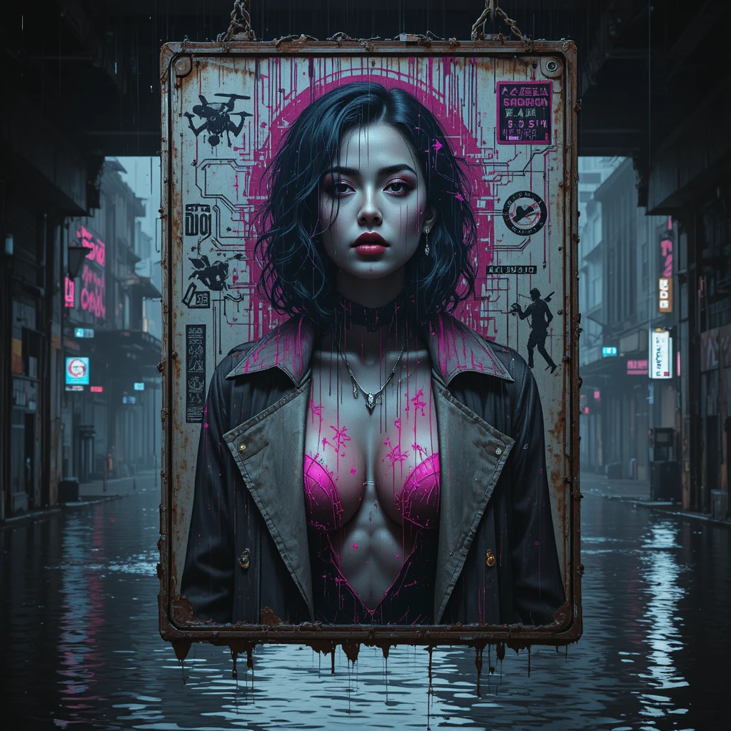 Retrato neon distópico de uma mulher cyber noir em placa de trânsito
