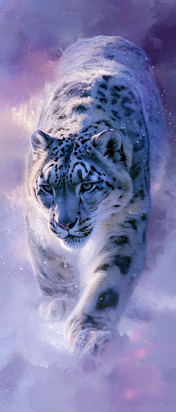 Leopardo-das-neves em uma paisagem fantástica com aurora mística