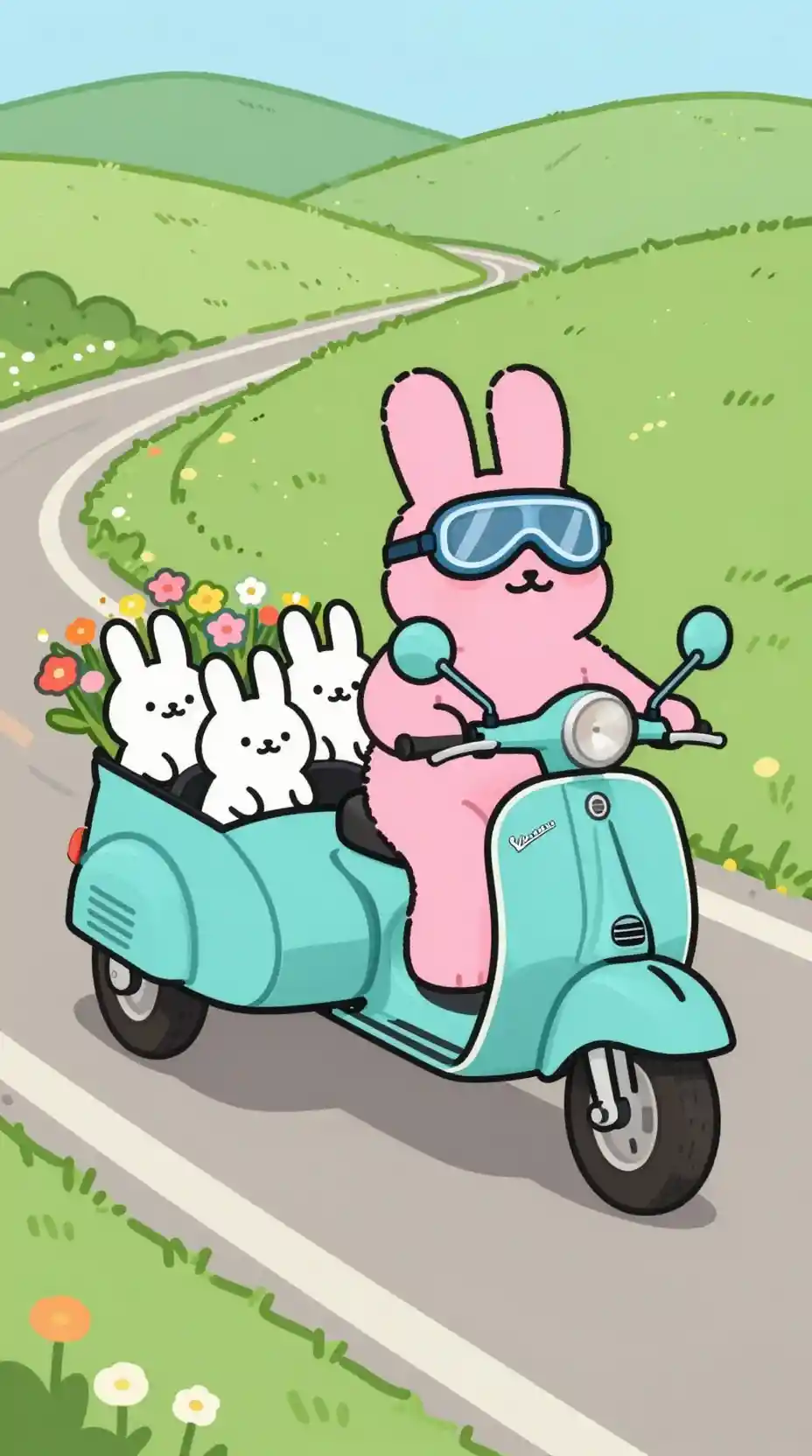 Pink rabbit driving a turquoise scooter with sidecar