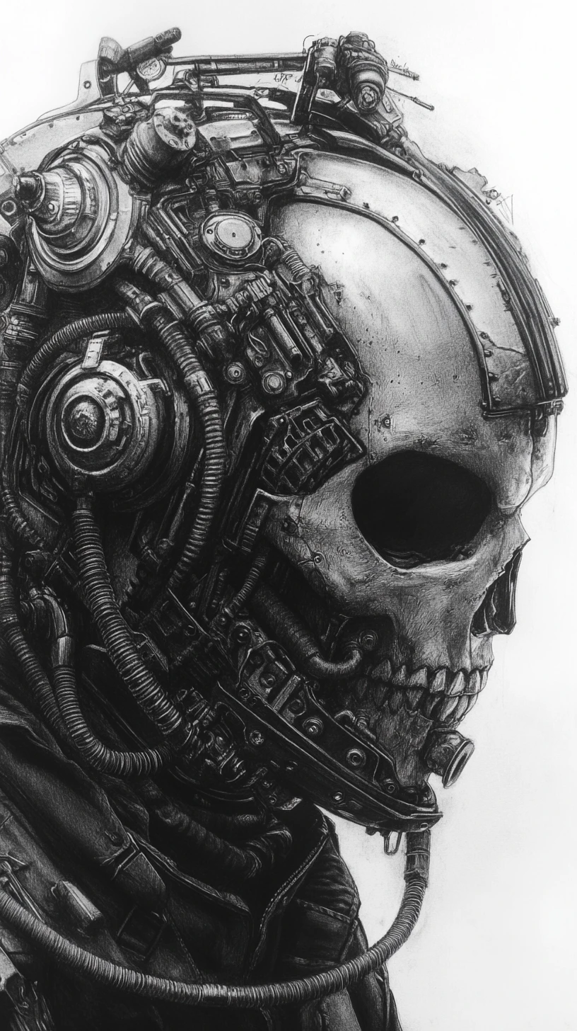 Guerrier futuriste en armure avec casque à visière en forme de crâne