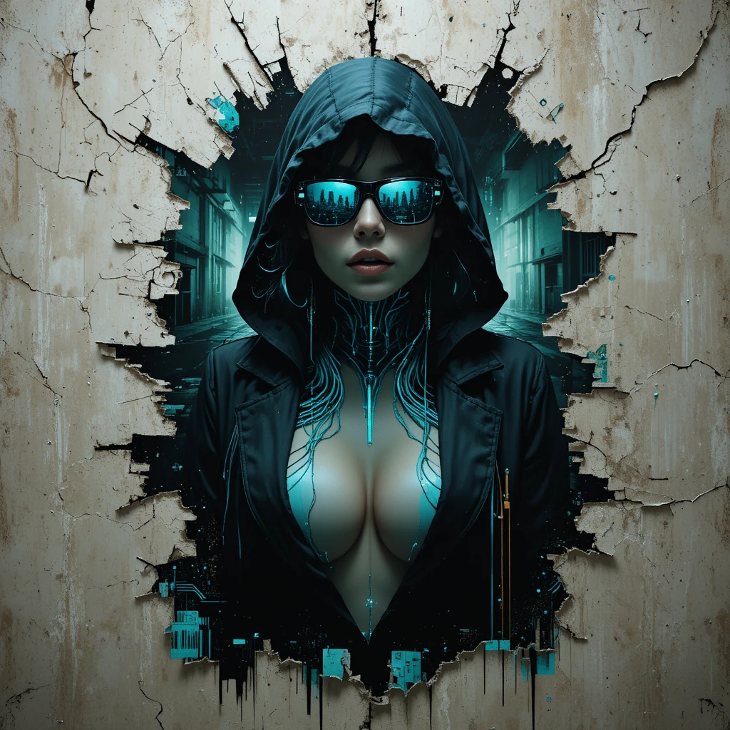 Glitch portrait of a cyberpunk woman on a bunker wall