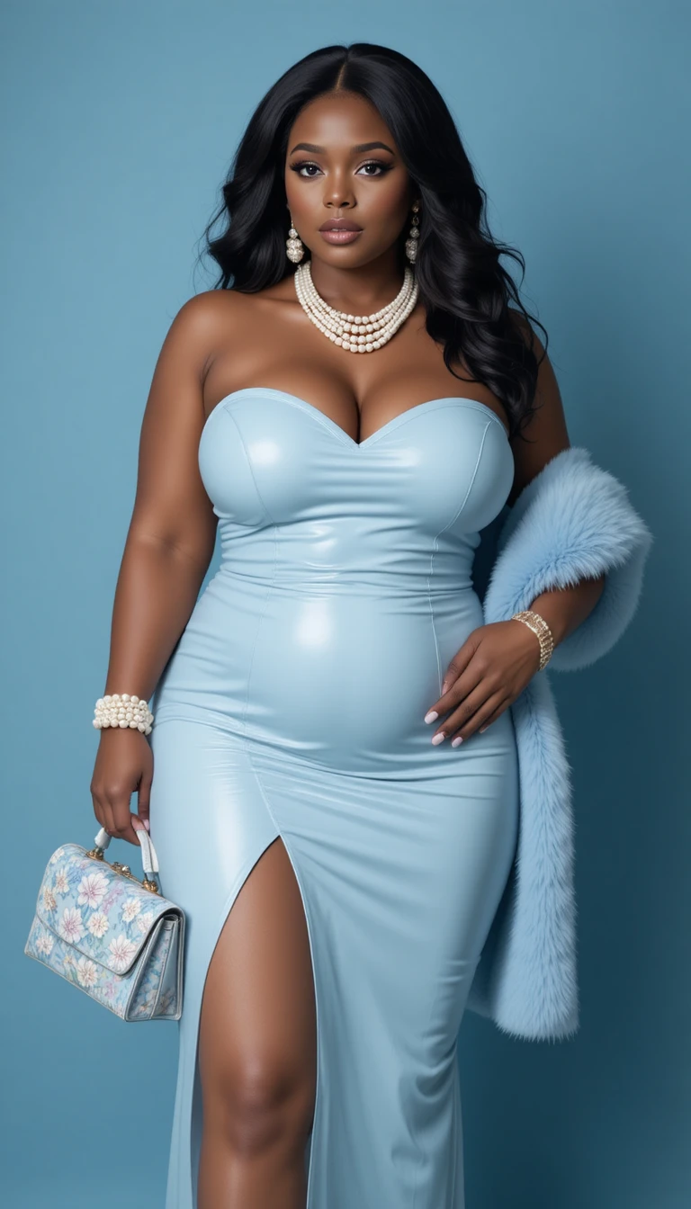 Elegant black woman in blue gown with pearl jewelry