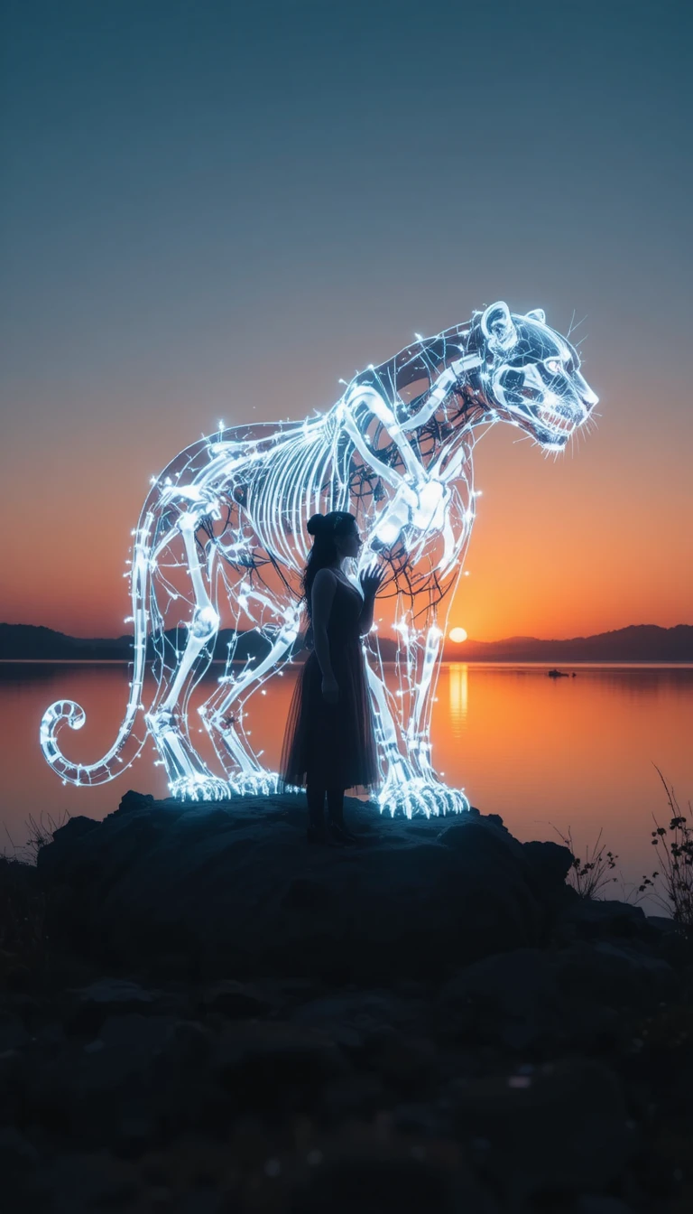 Sagoma di pantera gigante con zampe scheletriche luminose all’alba