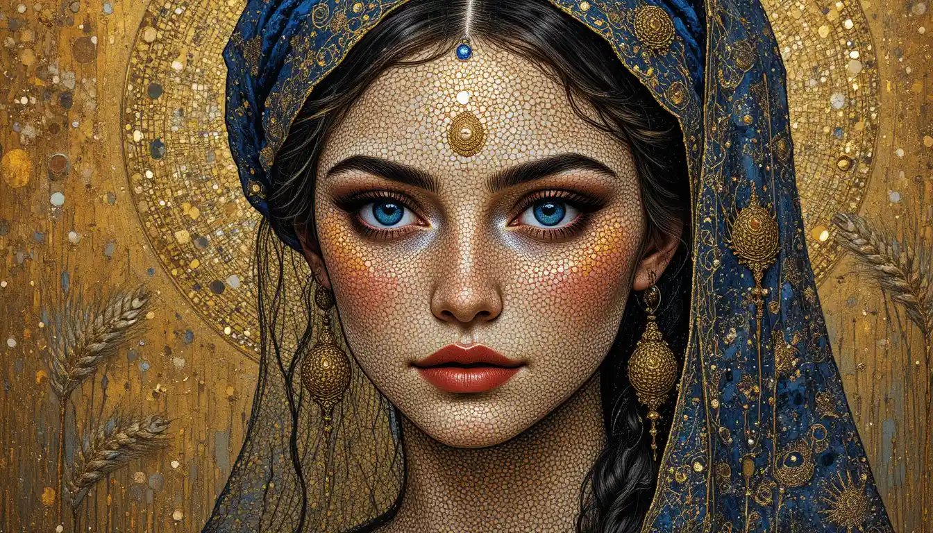 Woman in gold cloak dissolving into astral nebula patterns