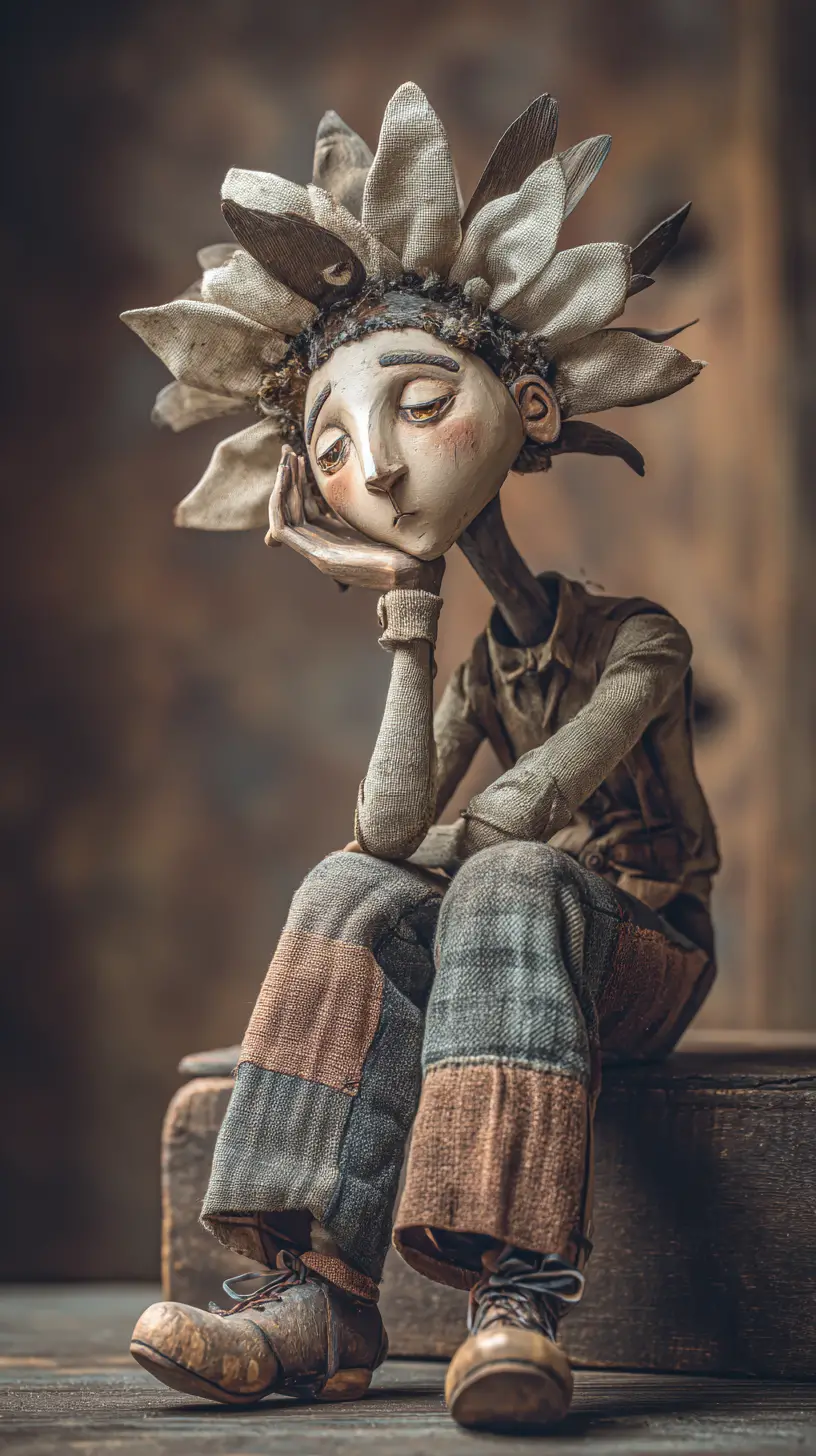 Figura melancólica com cabeça de flor em estilo de livro de histórias vintage