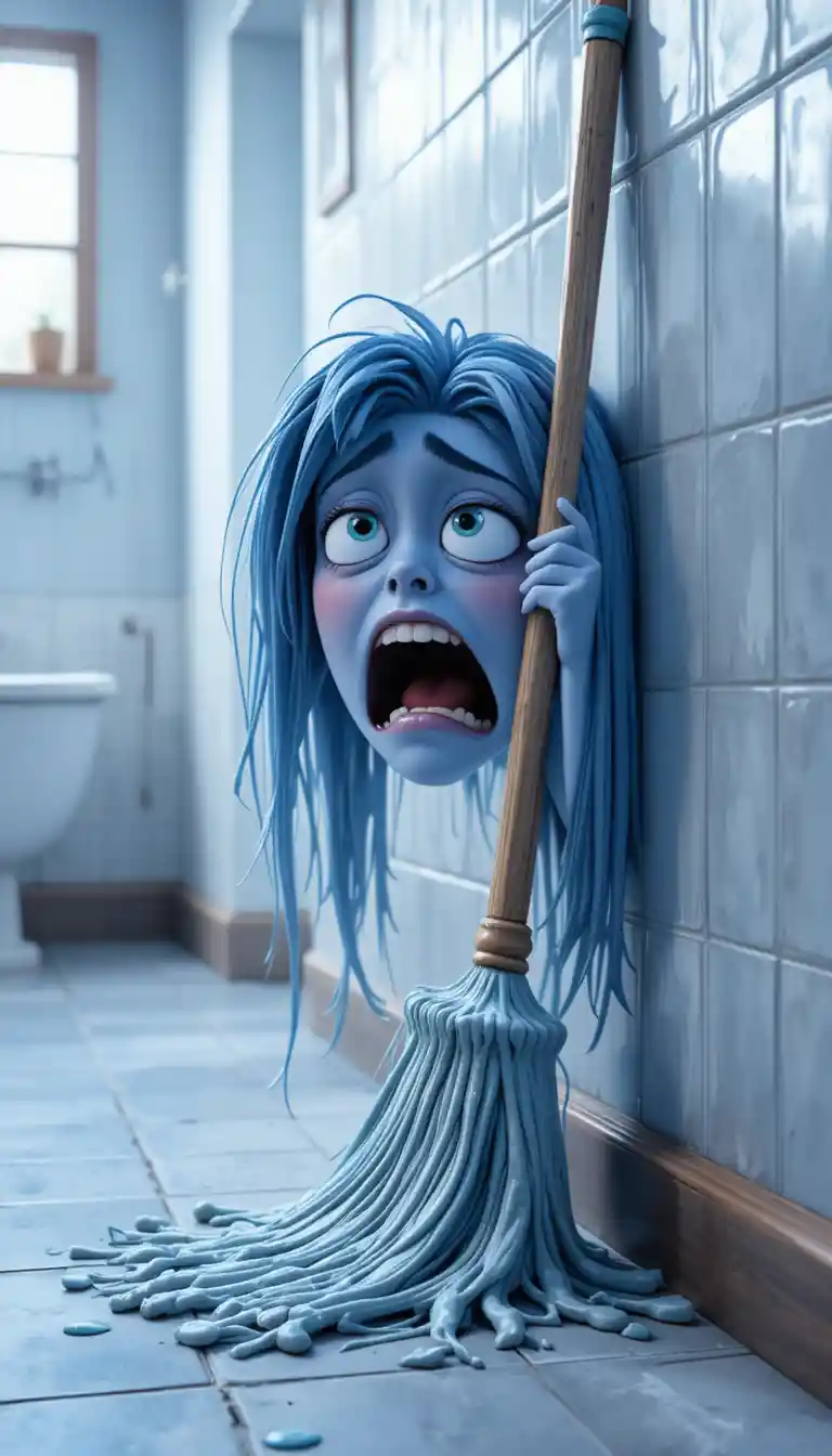 Sleepy 3D mop character resting on a bathroom floor