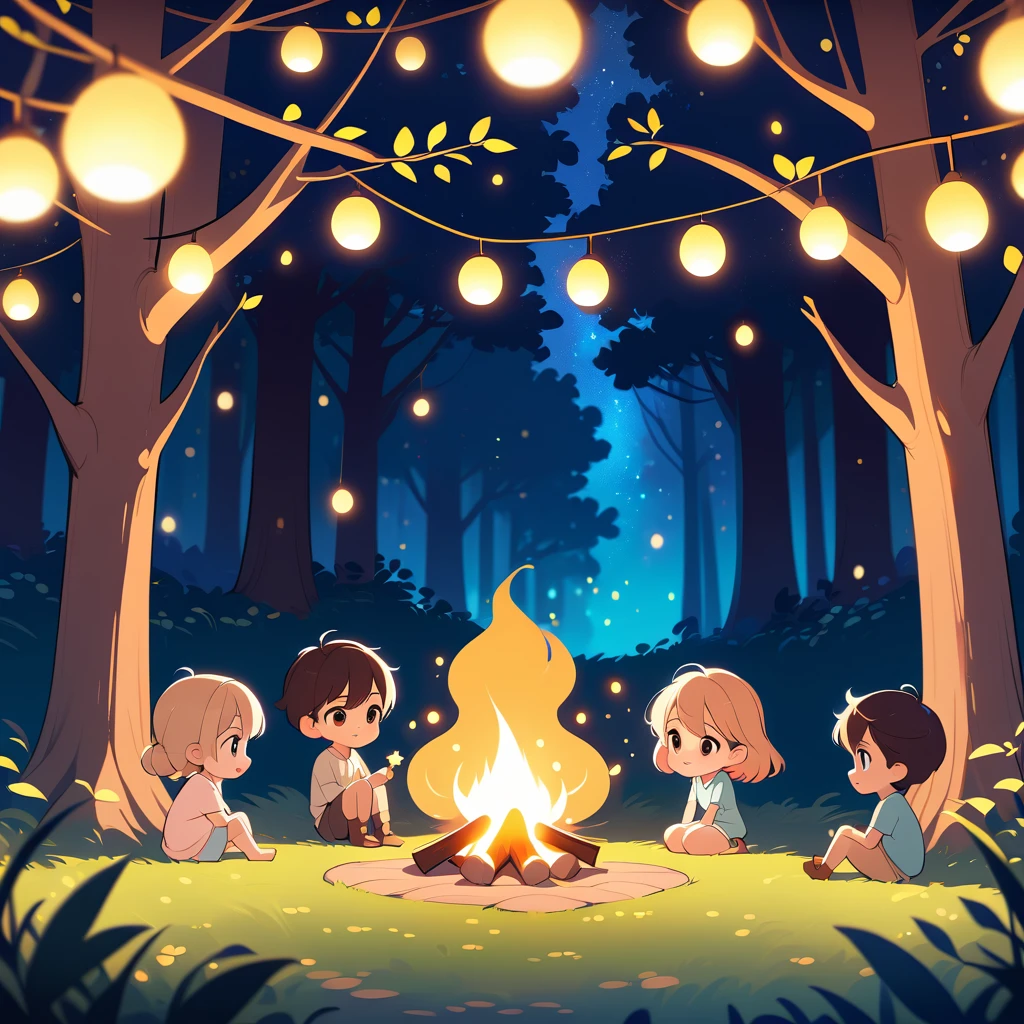 Kinder versammeln sich um ein leuchtendes Lagerfeuer unter einem magischen Baum