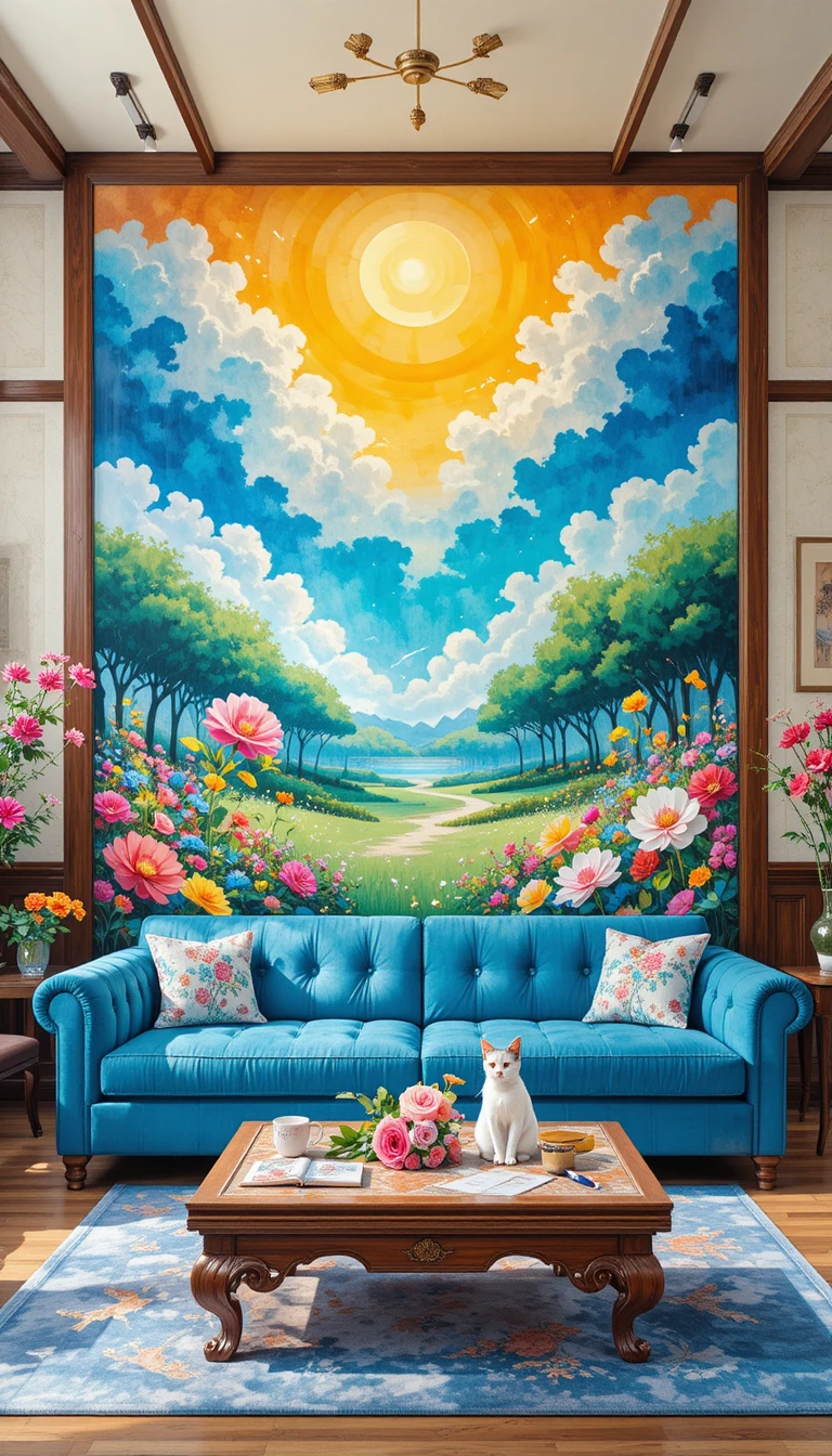 Sala de estar ensolarada em aquarela com enorme sofá azul e flores