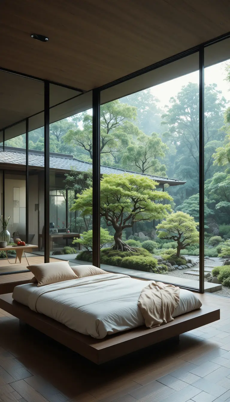 Chambre Japandi avec mur en verre et vue sur jardin paisible