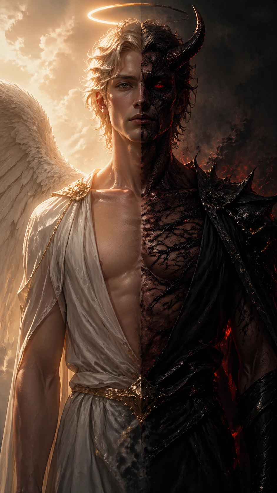 Figure d’ange et de démon divisée en portrait de fantasy dramatique