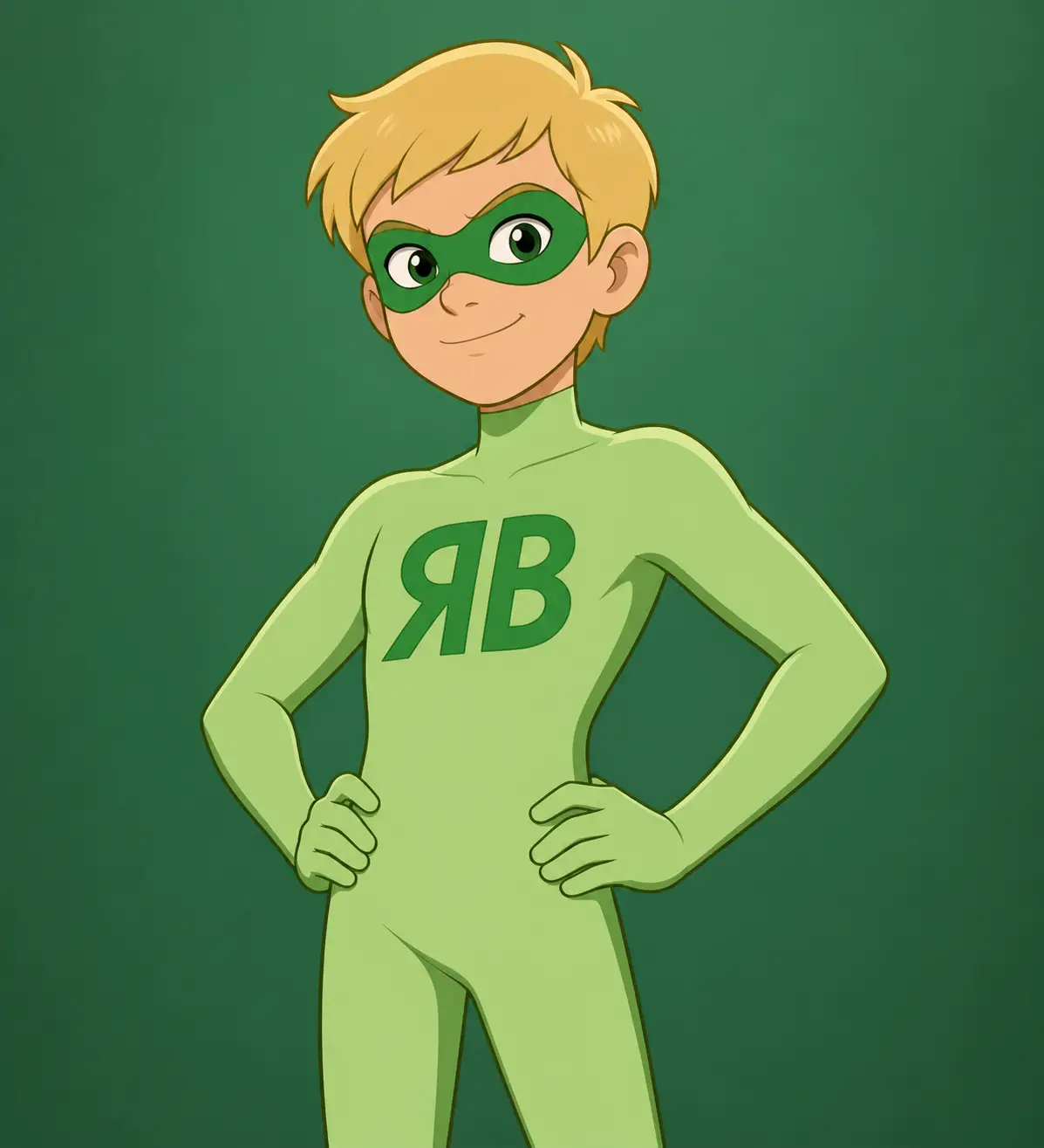 Ragazzo biondo di gomma supereroe in morphsuit verde chiaro