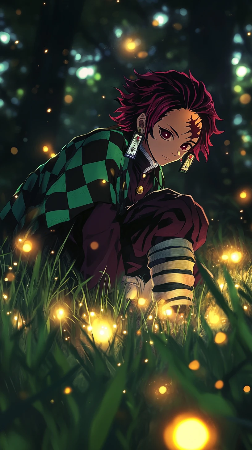 Anime boy in glowing forest surrounded by golden orbs