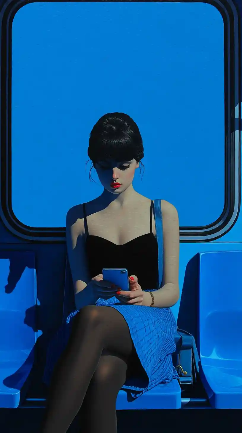 Frau im Morgenbus, die im Sonnenlicht auf ihr Handy blickt