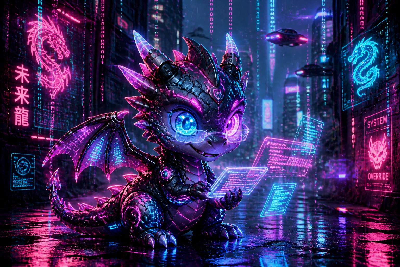 Adorable dragon cyberpunk dans une ruelle pluvieuse éclairée au néon