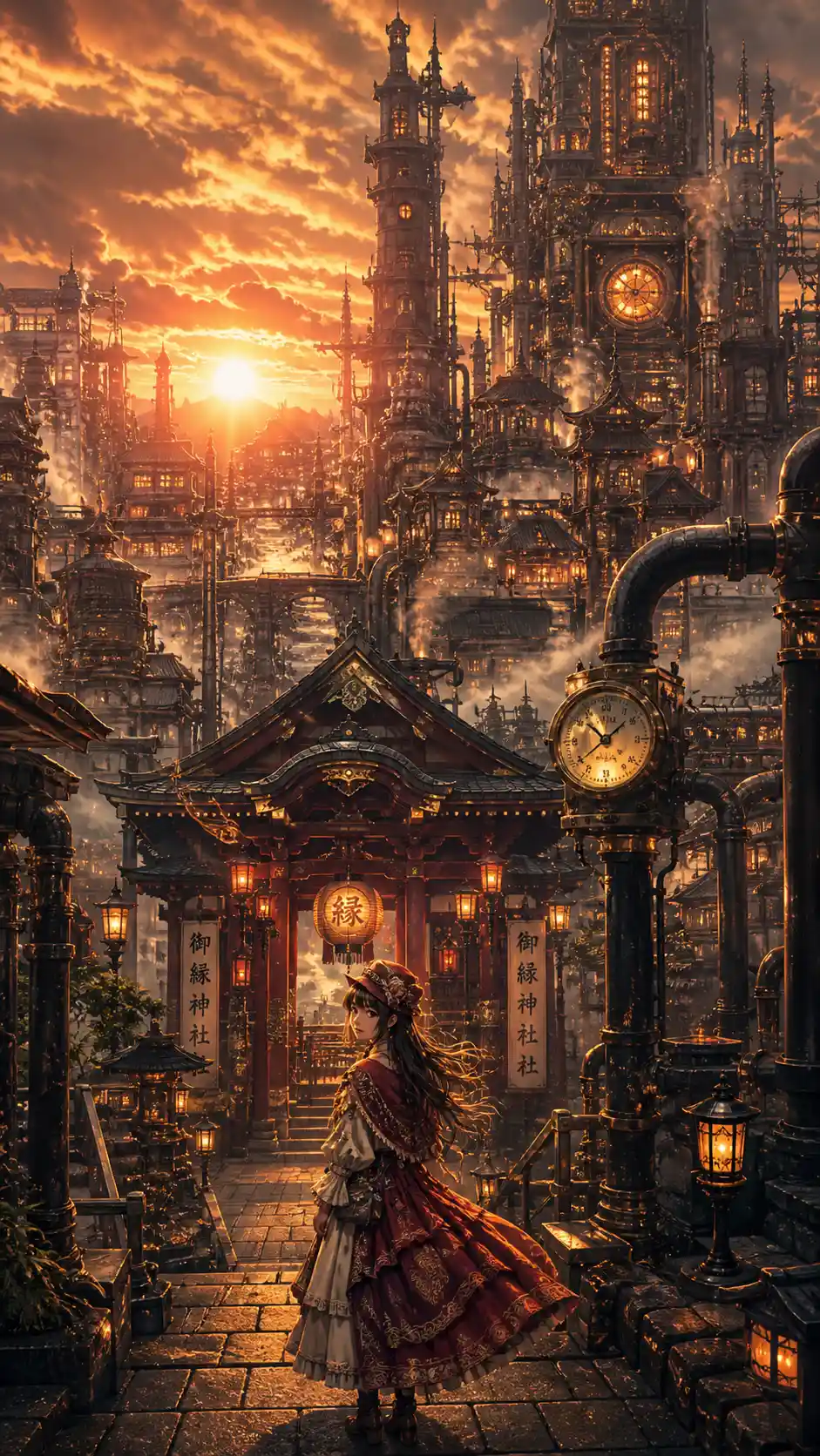 Paisaje urbano steampunk con una mujer solitaria junto a un santuario resplandeciente