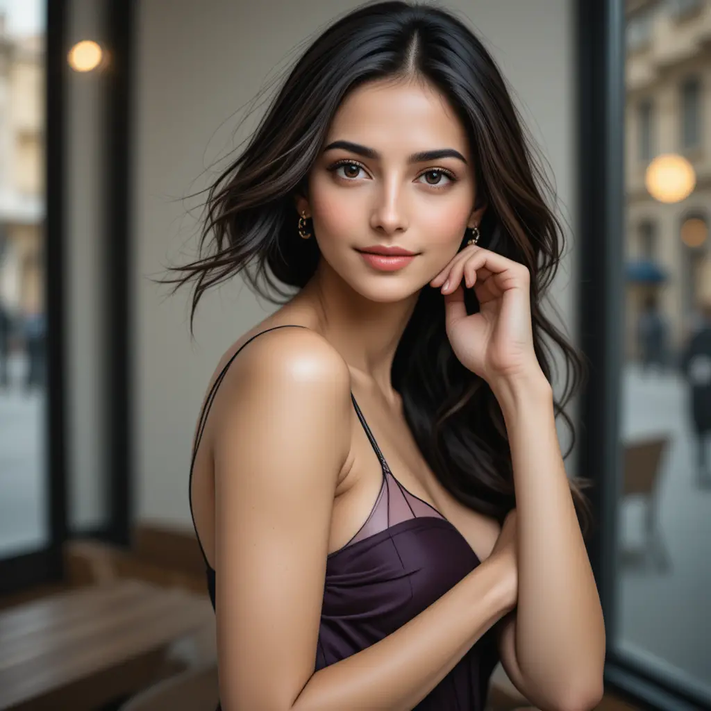 Confident young woman in red lipstick in modern apartment