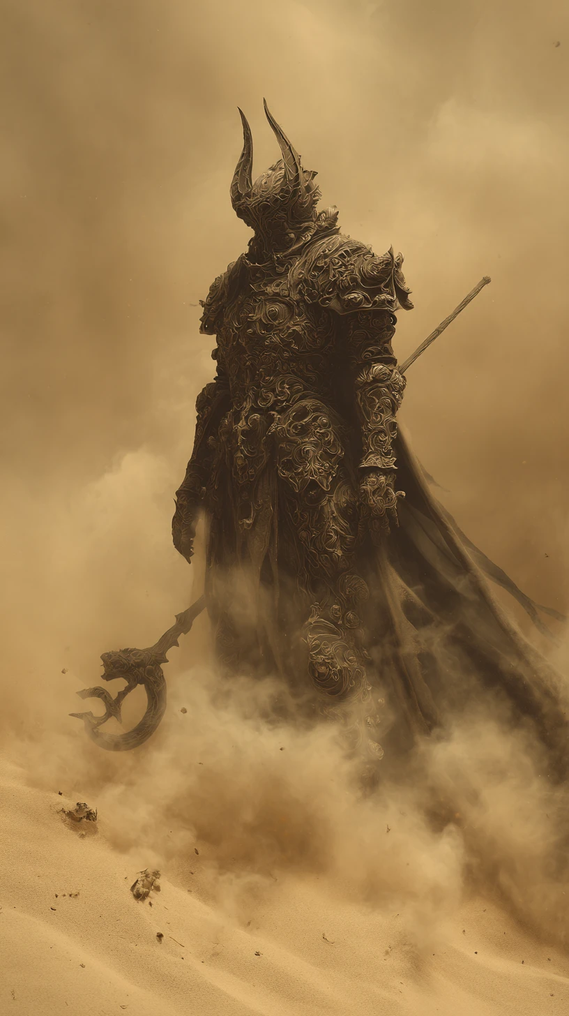 Dark warlord in swirling eternal desert sandstorm