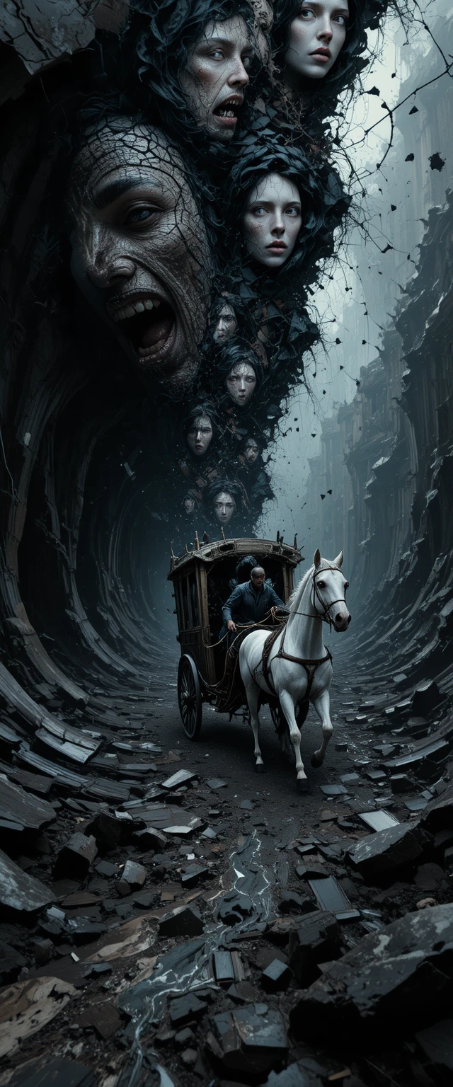 Carruagem surreal correndo por um vazio abstrato e negro