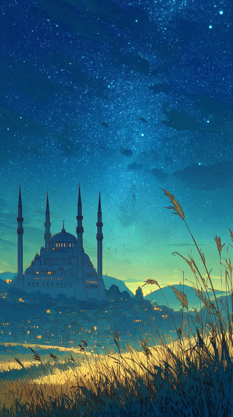 Horizonte de mesquita ao luar acima de campos de trigo sob céu estrelado