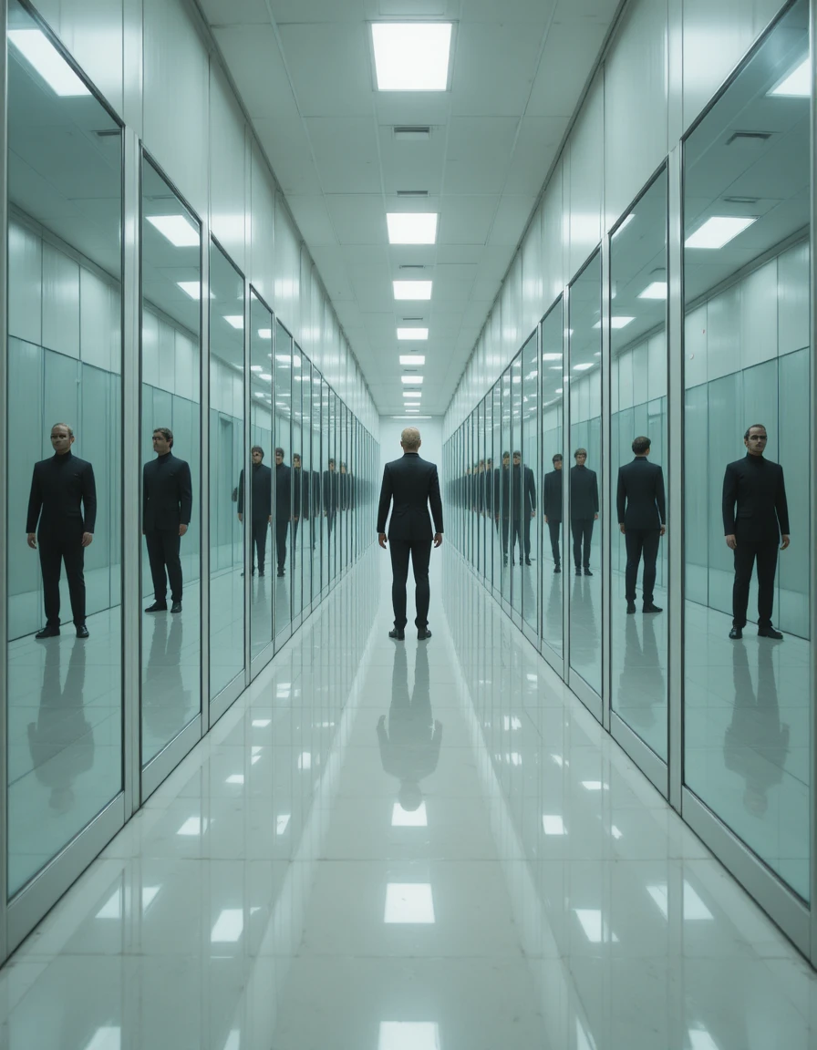 Couloir miroir infini avec une silhouette dans chaque reflet