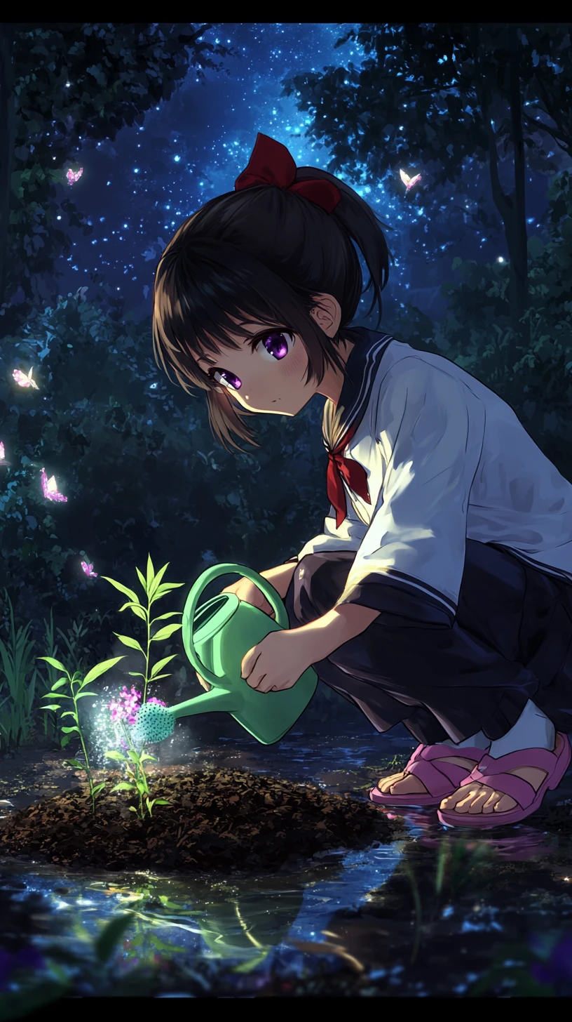 Garota de anime regando uma planta brilhante em um jardim místico